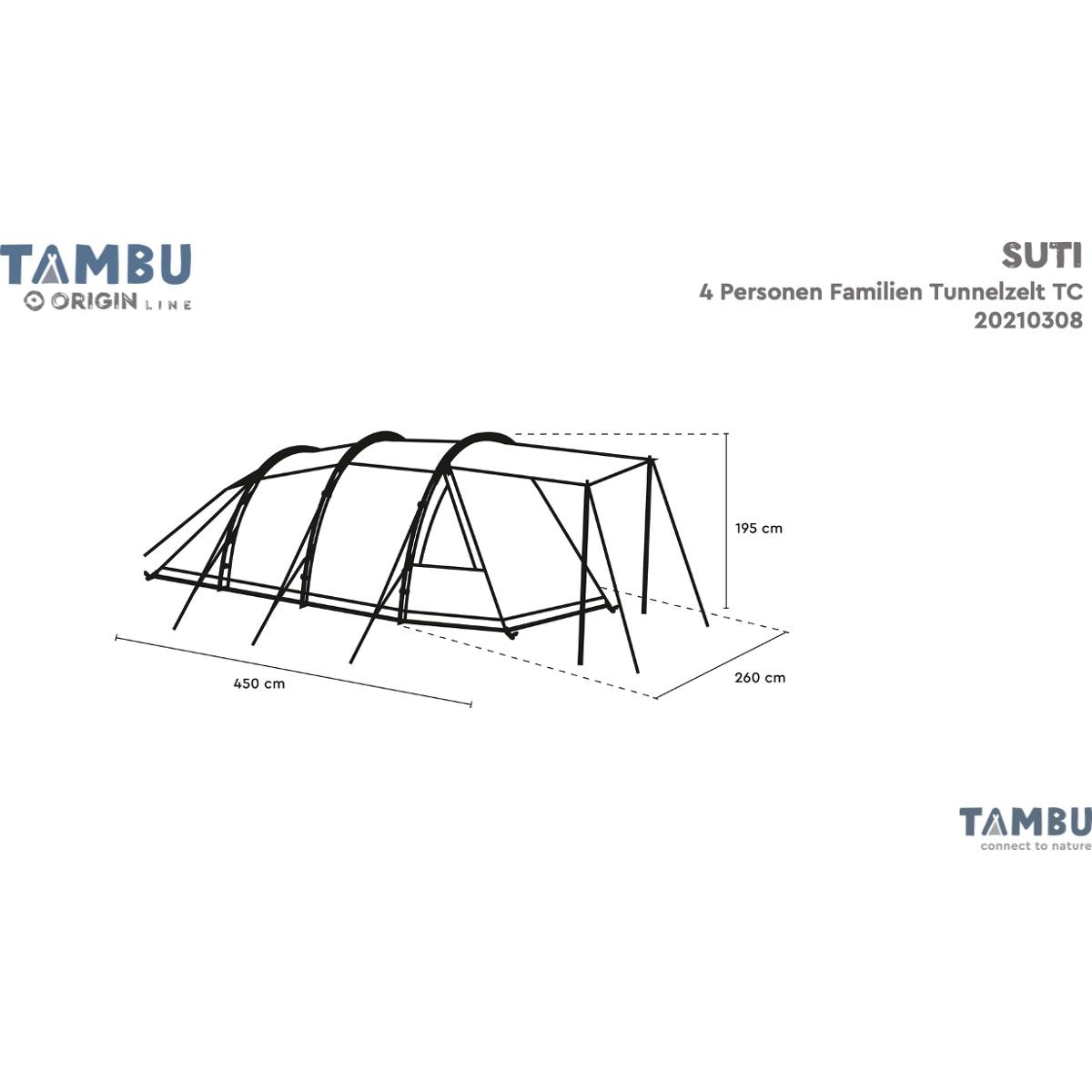 Tambu Suti Familien Tunnelzelt TC, 4 Personen, 450x260x195cm, grau/blau bei  Camping Wagner Campingzubehör