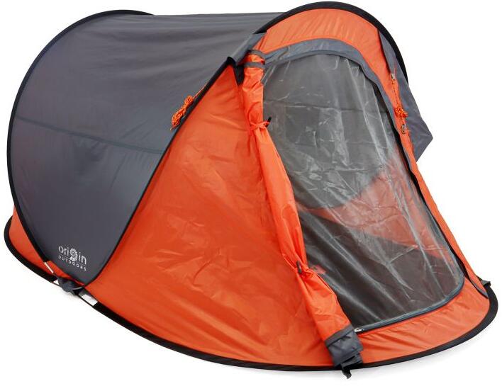 Origin Outdoors Quicksembly Pop Up Zelt, 2 Personen, Moskitonetztür, Fenster, grau/orange
