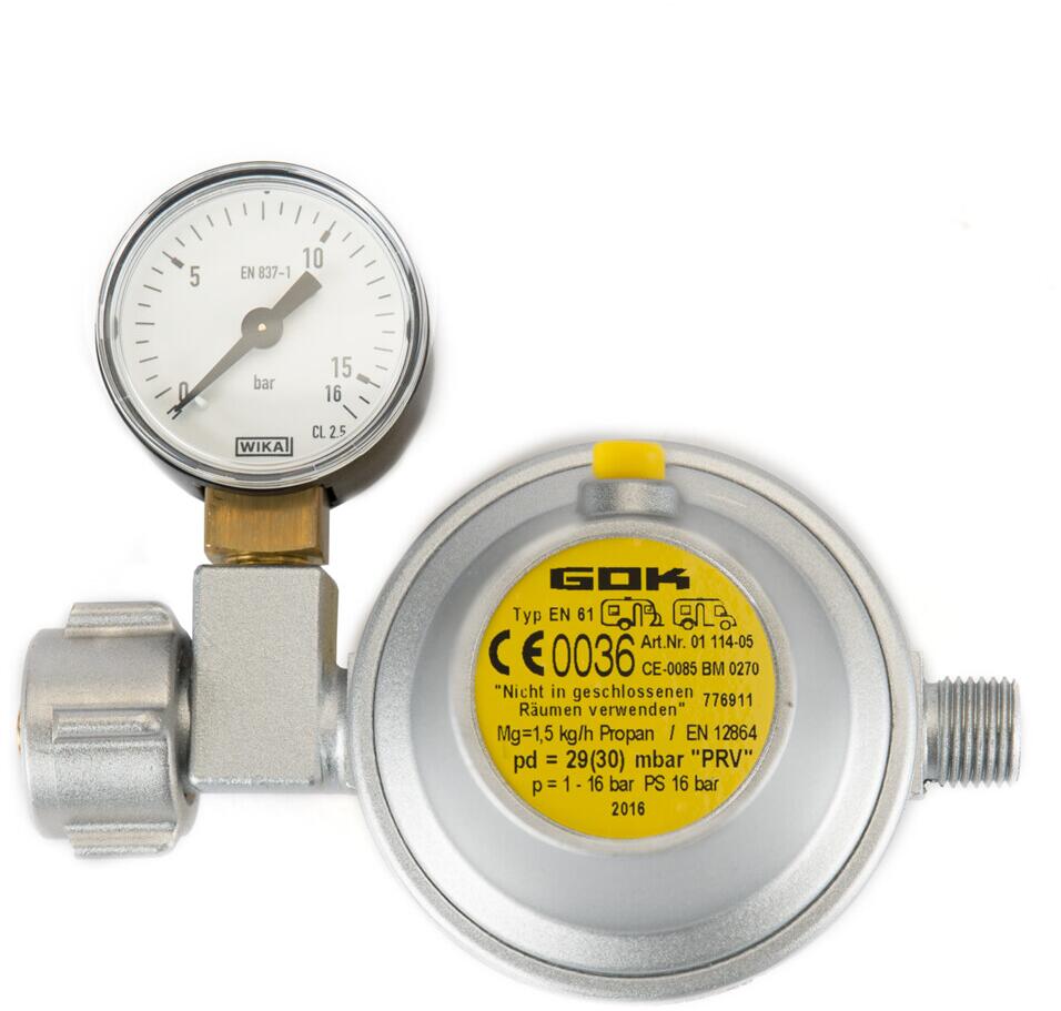 GOK Gasdruckregler mit Überdruckschutz und Manometer, 30mba, DIN x 1/4" links