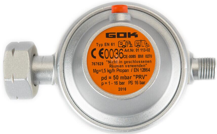GOK Gasdruckregler mit Überdruckschutz, 50mbar DIN x 1/4" links