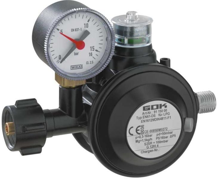 GOK Sicherheitsregler mit Manometer u. Sichtanzeige, 50mbar, 1,5kg/h (Einsatz: Camping)