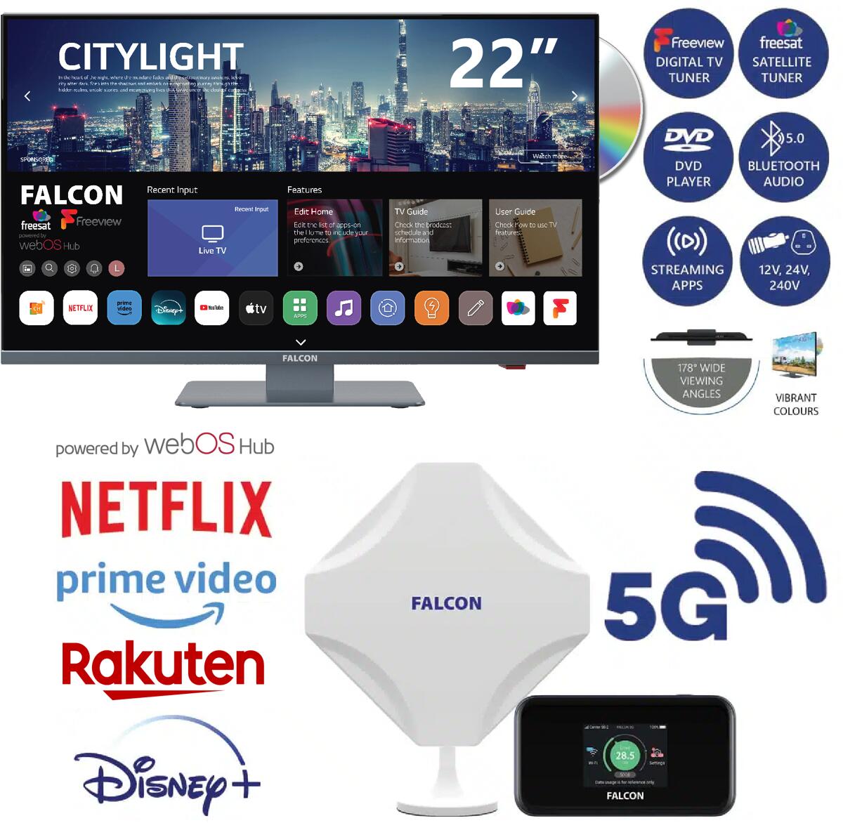 Falcon WebOS SMART Camping TV 22" und mobile Wifi LTE 1800Mbit Antenne & Router