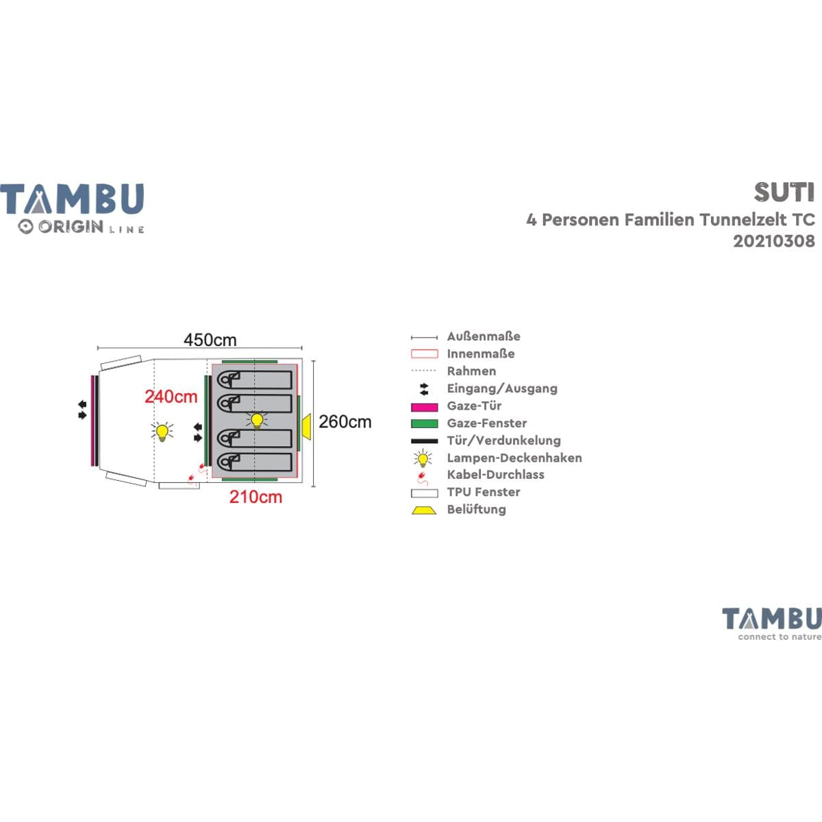 Tambu Suti Familien Tunnelzelt Camping TC, bei grau/blau Campingzubehör 4 Personen, 450x260x195cm, Wagner