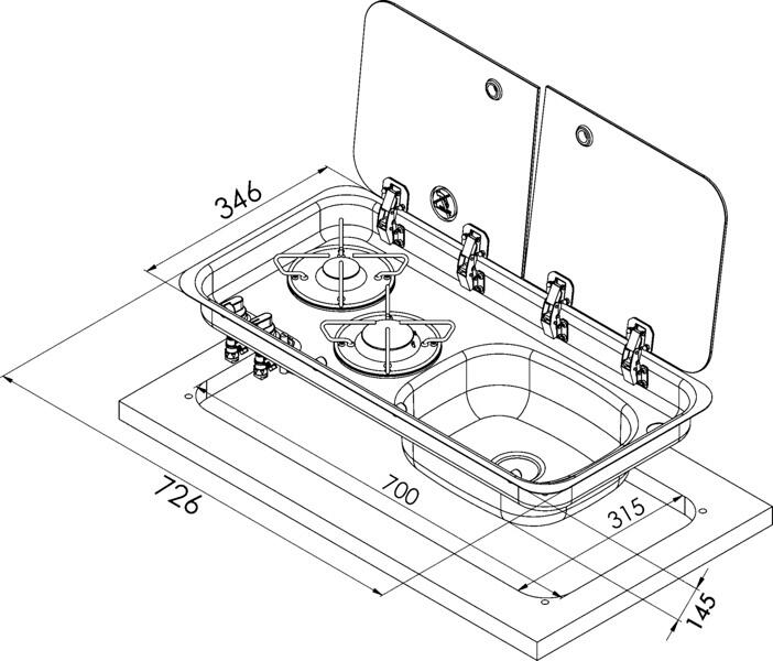 Carbest Kocher-Spülen Kombination mit 2-teiliger Glasabdeckung, 2-flammig, Spüle links