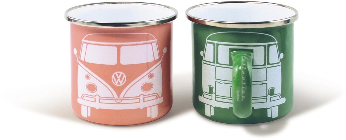 VW Collection T1 Bus Emaille Tassen-Set, 2er-set, 350ml, rosa/grün