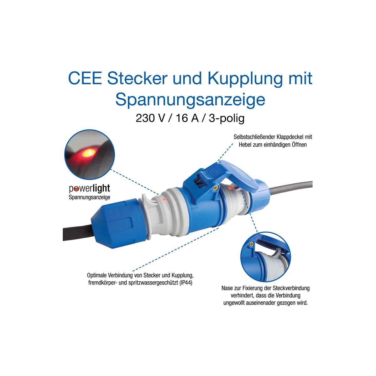 CEE-Stecker, 230V, 16A, 3-polig, blau bei Camping Wagner