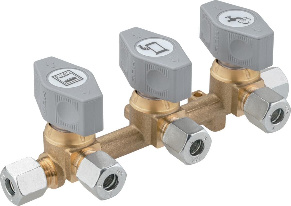 GOK Verteilerblock DSV-AB3, PS16bar, mit 3 Ausgängen RVS8, Messing