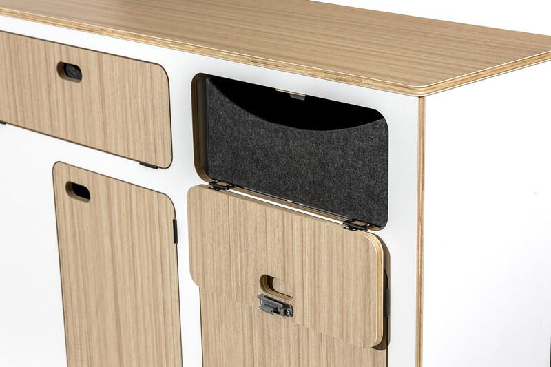 Produktabbildung: Flatpack-Möbelzeile für VW T5/T6/T6.1 kurzer Radstand, weiß/eiche