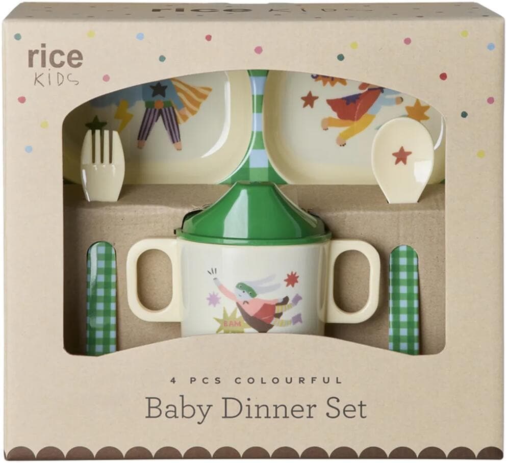 Rice Melamin Baby Dinner Set, Green Hero Print, 4 Teile