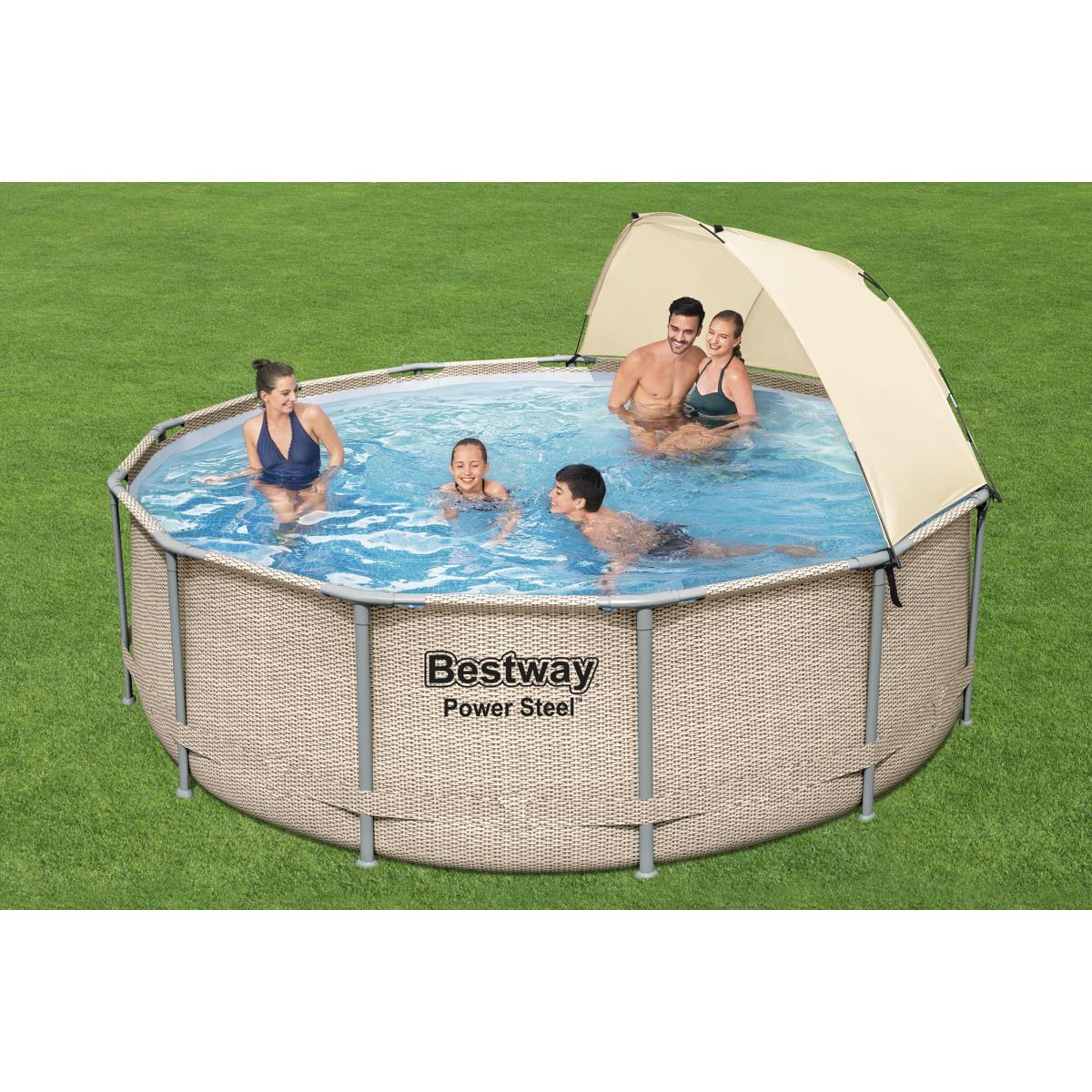 Bestway Power Steel Frame Pool Komplett-Set mit Überdachung, rund, inkl.  Filterpumpe, Rattanoptik beige, 396x107cm bei Camping Wagner Campingzubehör