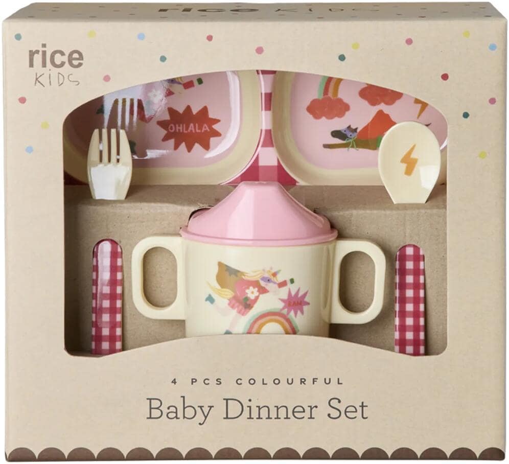 Rice Melamin Baby Dinner Set, Pink Hero Print, 4 Teile