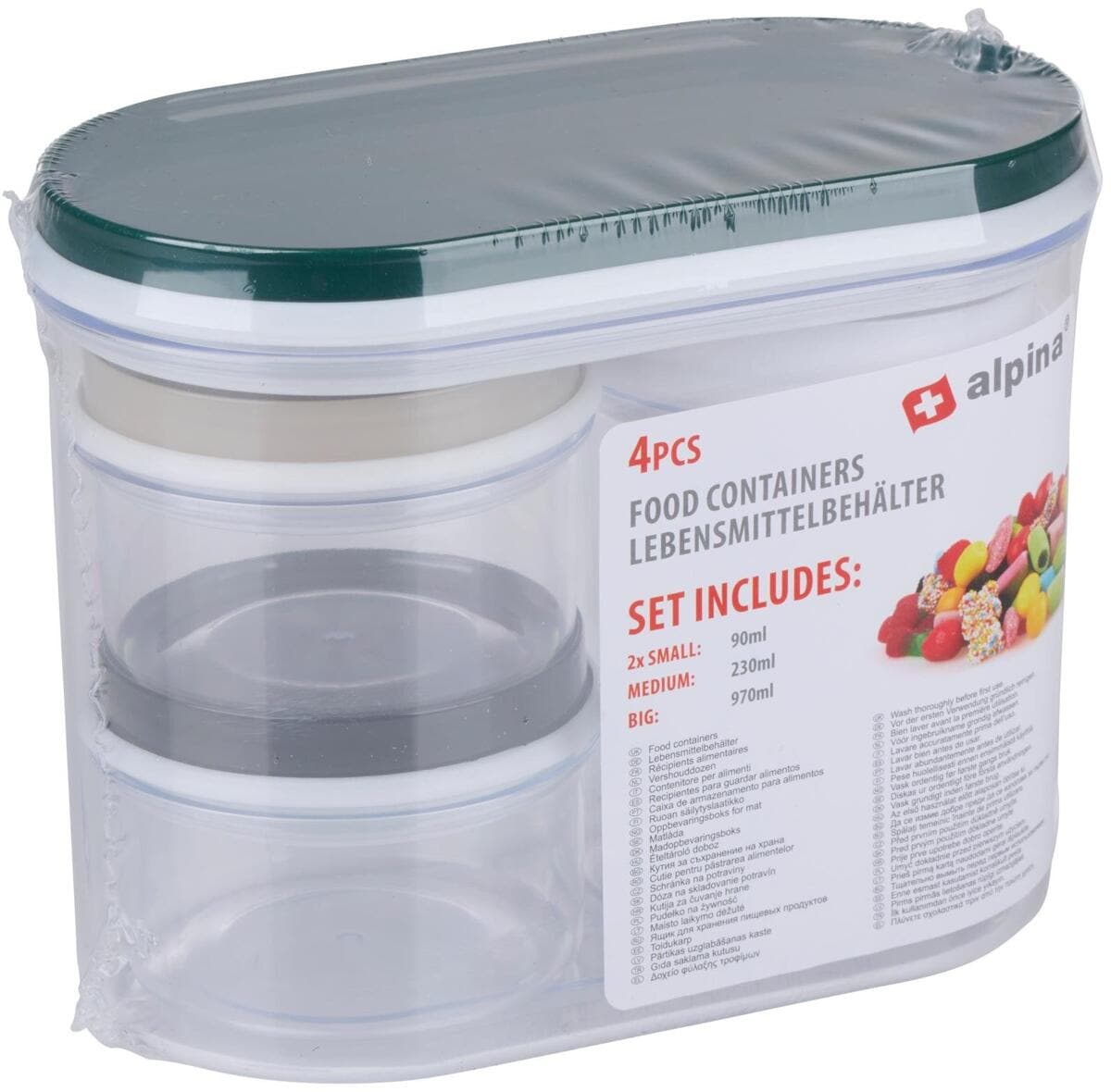ALPINA Lebensmittelbehälter, mit Deckel, 970ml/230ml/90ml, 4-er Set