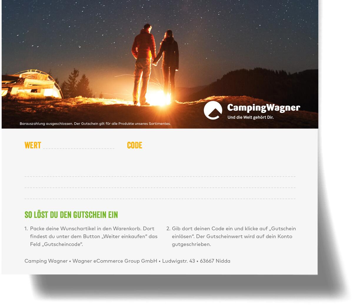 Camping Wagner Geschenkgutschein Romantik 350 € Geschenkkarte per